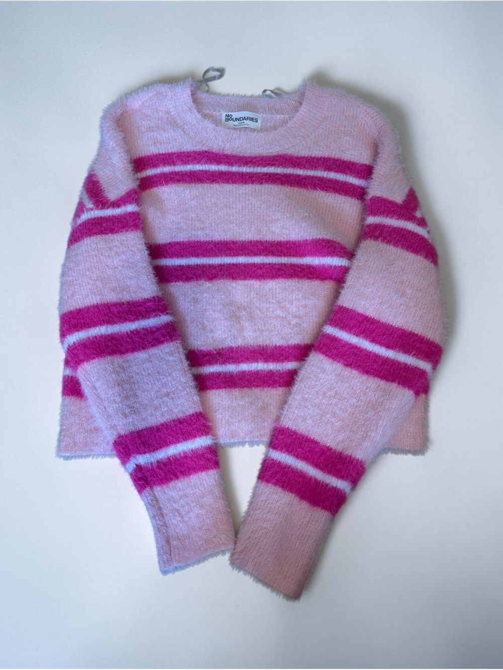 Zara Pink Fuzzy Striped Crewneck Sweater